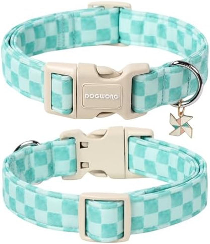 DOGWONG Green Dog Collar, Green Plaid Dog Collar Durable Checkered Pet Dog Collars Cute Summer Boy Puppy Necklace for Small Medium Large Dogs