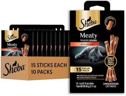 Sheba Meaty Tender Sticks Soft Cat Treats, Chicken, 15 Count, 10 Pack