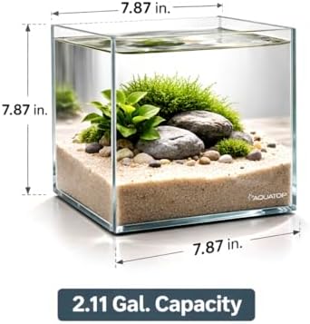 Aquatop High Clarity Low Iron Glass Cube Aquarium, 2.11-Gal – 5mm Thick Glass – Slim Design – Fresh & Saltwater – Desktop Tank with Silicone Sealing