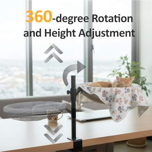 Cat Bed for Desk, 360 Rotating Elevated Hammock, All-Season Mesh & Fleece Office Pet Perch Set with Blanket and Hair Remover Brush