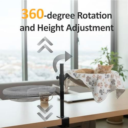 Cat Bed for Desk, 360 Rotating Elevated Hammock, All-Season Mesh & Fleece Office Pet Perch Set with Blanket and Hair Remover Brush
