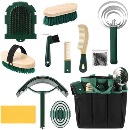 Abbylike 12 Piece Horse Grooming Kit with Organizer Tote Bag Brush Sets for Derby Day Show Horses Professional Tools for Care & Massage(Khaki and Green)
