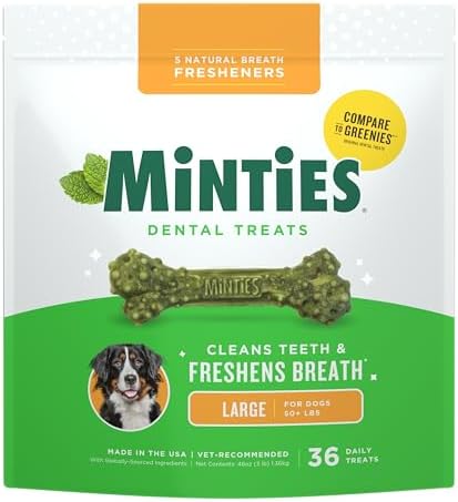 Minties Dental Chews for Dogs, 36 Count, Vet-Recommended Mint-Flavored Dog Treats for Large Breeds Over 50 lbs, Dental Bones Clean Teeth, Fight Bad Breath, Removes Plaque and Tartar