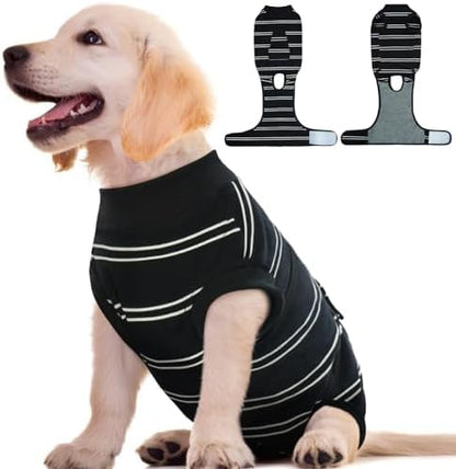 Kuoser Dog Surgery Recovery Suit, Soft Breathable Dog Recovery Suit for Female Spay Male Nueuter, Anti Licking Puppy Onesie Pet Surgical Suit for Dogs Abdominal Wounds Skin Disease, Black Strips XS