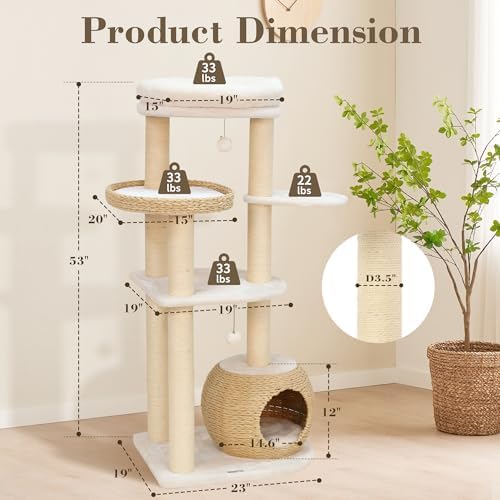44.8in Modern Cat Tree, White Cat Condo Cats Tower with Cozy Bed & Sisal Scratching Posts, Scratching Ramp and Comfort Basket for Indoor Cats