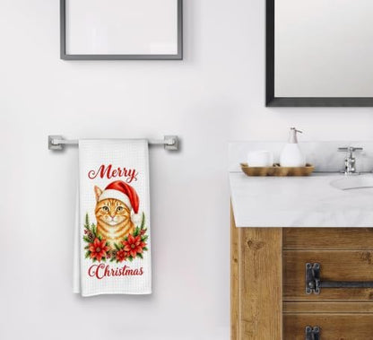 Merry Christmas Orange Cat Kitchen Dish Towels Dishcloth 16x24 Inches