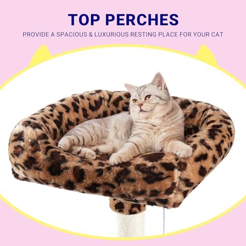 Allewie 73in Fan-Shaped Space-Saving Corner Cat Tower/Multi-Level Tall Cat Tree for Indoor Kitties/Cozy Baskets/Condos/House/Perches/Sisal Scratching Posts/Pet Activity Center/Leopard Print