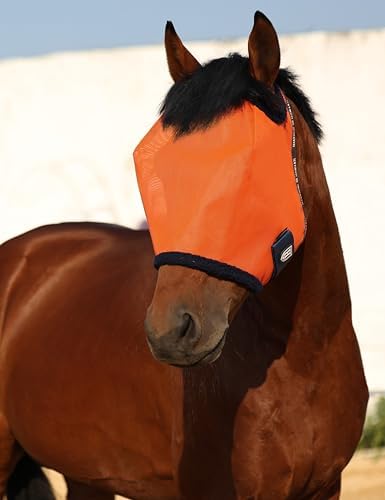 Harrison Howard All Round Mesh Horse Fly Mask UV Protective with Fleece Padded Edging Vibrant Orange L