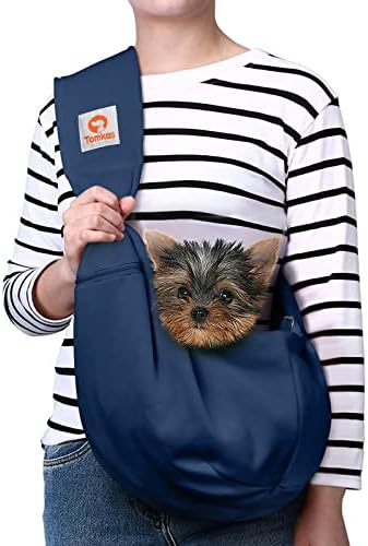 Tomkas Small Dog Sling Carrier - Zipper Pocket & Adjustable Strap - for 3-10 lbs Pets(Dark Blue)