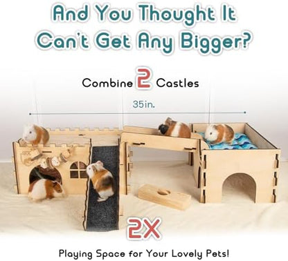 SoulThink® Upgraded Large Guinea Pig Toys Hideout - Easy to Assemble Wooden Guinea Pigs Castle with Ramp and Sky Blue Bed Cushion Decorative Guinea Pig Furniture for Play Area and Cage