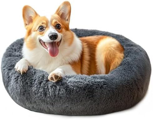 28in Large Dog Bed, Calming Donut Bed for Puppy and Kitten (Dark Grey)