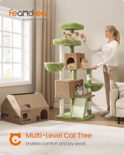 Feandrea Cat Tree, 68.5-in Tall Cat Tower, Multi-Level Condo, Green