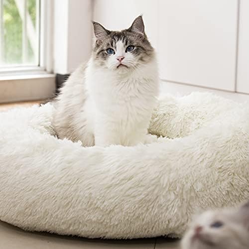 Anti Anxiety Round Fluffy Plush Faux Fur Warm Washable Dog Bed & Cat Bed, Original Bed for Small Medium Large Pets,Used to Relieve Joints and Improve Sleep（20"/24"/27''） (24", White)
