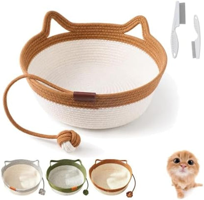 Instinct Basket for Cats, Handwoven Cotton Rope Cat Basket Bed with Toy Ball and Cat Ear Handles, Scratchable Breathable Round Woven Cat Basket for Indoor Cats (Large,Caramel Brown Basic)