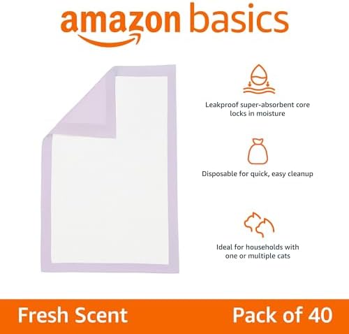 Amazon Basics Cat Litter Pee Pads, Odor Control with Fresh Scent, Super Absorbent, Disposable, Universal Fit Litter Box, Purple and White, 40 Count