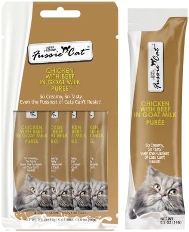 Fussie Cat Super Premium Chicken with Beef in Goat Milk Puree, lickable cat Treats, 0.5oz Pouch Pack of 4