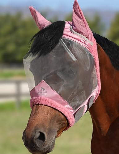 Harrison Howard CareMaster Horse Fly Mask UV Protective Fine Mesh with Extra Wool Soft Touch on Skin Light Pink-Silver XL