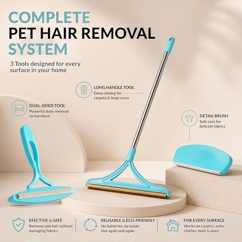 3 Pack Set Pet Hair Removal Tool – Reusable Carpet Rake Set with Long Handle, Dual-Sided Scraper & Detail Tool for Carpet, Furniture, Car & Embedded Dog & Cat Hair