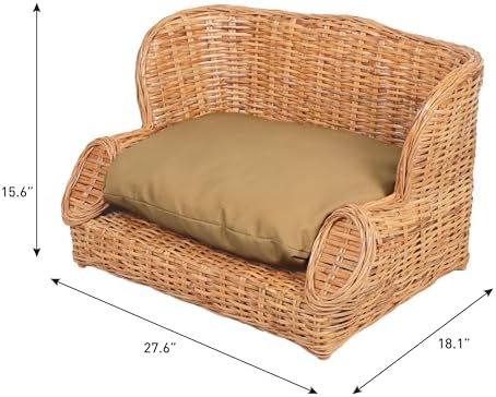 DBD1004B Handwoven Water Hyacinth Pet Daybed with Machine-Washable Cushion, 27.5" x 18" Wicker Sofa for Small to Medium Dogs and Cats, Vintage Style Elevated Pet Bed, Light Brown