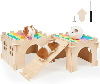 Unicorn Catcher 2 Pack Wooden Guinea Pig Hideout House with Stairs & Mats