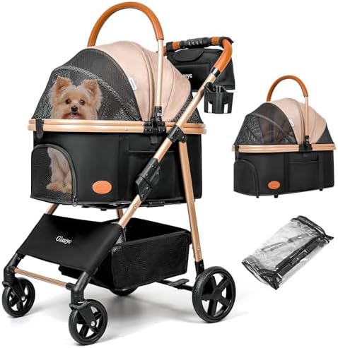 Dog Cat Stroller for Small/Medium Pets, 50 lbs, 3-in-1 Pet Stroller, Khaki