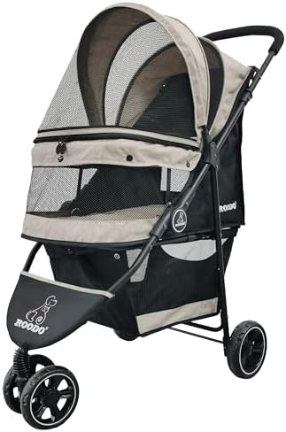 ROODO 3 Wheel Dog Pet Cat Stroller Best Lightweight Foldable Compact Portable Jogger All Terrain Travel Pet Gear Puppy Kitty Stroller for up to 30lbs Medium Small Dogs and Cats(Light Khaki)