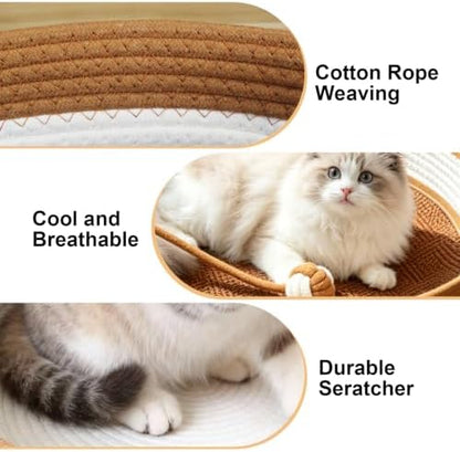 2-in-1 Cat Bed with Scratch Pad, Cotton Rope Woven, Round, Removable Breathable Cooling Pad, Odorless Anti-Statio