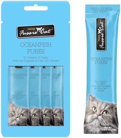 Fussie Cat Ocean Fish Puree, lickable cat Treats, 0.5oz Pouch Pack of 4