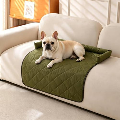 Calming Dog Couch Bed with Head Support, Waterproof Sofa Cover, Green, M