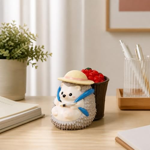 Gray Hedgehog Pen Holder & Desk Figurine with Removable Tomato