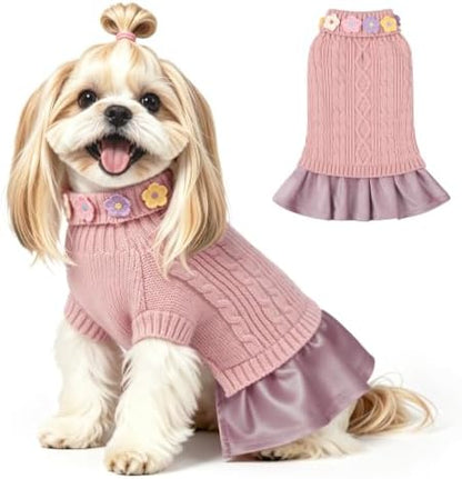 YUDODO Small Dog Sweater Dress with Bowtie Turtleneck - Knitted Pet Clothes