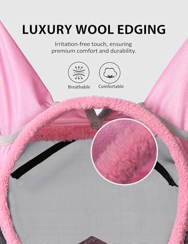 Harrison Howard Horse Fly Mask UV Protective Fine Mesh with Extra Wool Soft Touch on Skin Fly and UV Protection Light Pink-Black L
