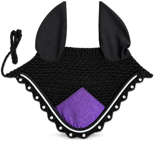 Horse Ear Bonnet for Horses – Handmade Crochet Fly Veil with Crystal Stones, Glitter Patch, Breathable Stretch Ears, Horse Fly Bonnet Ear Bonnet for Riding (Purple, Extra-Full)
