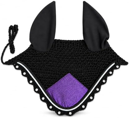 Horse Ear Bonnet for Horses – Handmade Crochet Fly Veil with Crystal Stones, Glitter Patch, Breathable Stretch Ears, Horse Fly Bonnet Ear Bonnet for Riding (Purple, Extra-Full)