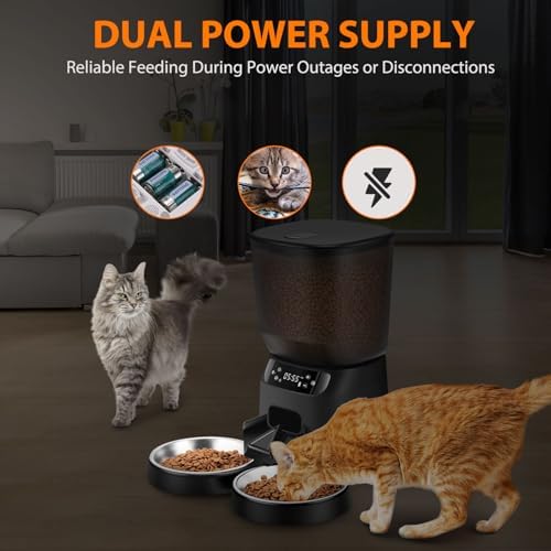 Automatic Cat Feeders for Two Cats, 5L/20 Cups Double Automatic Cat Food Dispenser with 2 Stainless Bowls, Timer Setting 20 Portions 6 Meals Per Day, 10s Meal Call (Black)