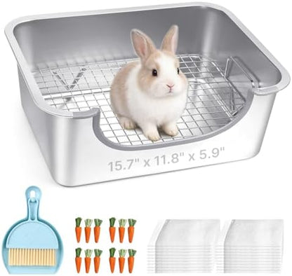 Large Stainless Steel Rabbit Litter Box with Handle - Low Entry Bunny Litter Box for Adult Guinea Pigs, Chinchillas - Includes Pee Pads, Cleaning Set & Chew Toys (15.7" x 11.8" x 5.9")
