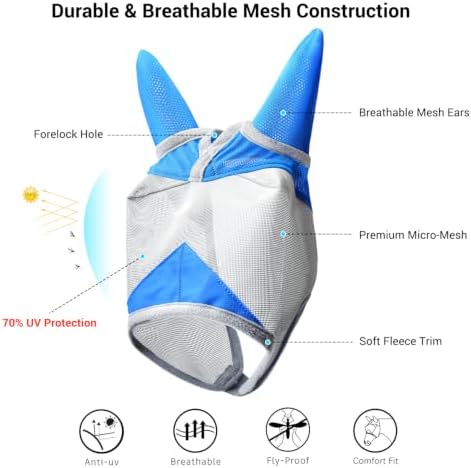 Horse Fly Mask with Ears, UV Block Breathable Mesh (Blue, M)