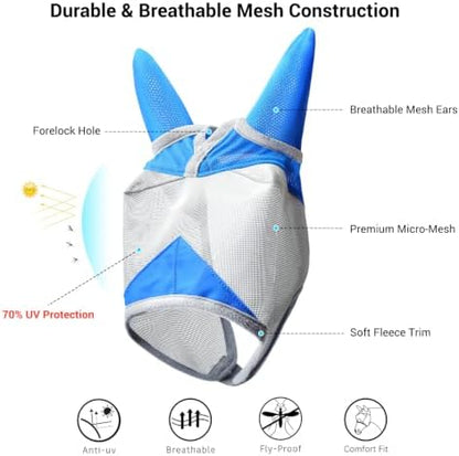 Horse Fly Mask with Ears, UV Block Breathable Mesh (Blue, L)