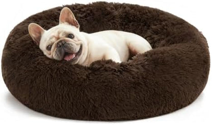 Love's cabin 24in Cat Beds for Indoor Cats - Cat Bed with Machine Washable, Waterproof Bottom - Dark Brown Fluffy Dog and Pet Calming Cushion Bed for Joint-Relief and Sleep Improvement