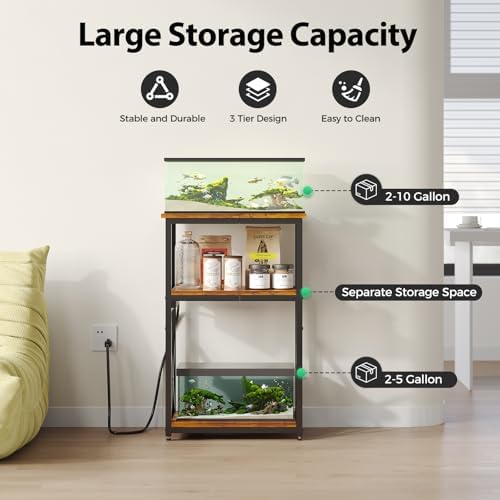 HavenlyYouth 10 Gallon Fish Tank Stand with Power Outlet, 3 Tier Aquarium Stand with Shelf, Turtle/Reptile Tank Stand for Home Office,Adjustable Boards, 20.47''L×11.42''W×30.91''H, Retro Brown