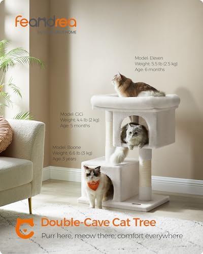 Feandrea Cat Tree, 33.1-in Cute Cat Tower, Plush Kitten Condo, Cream White