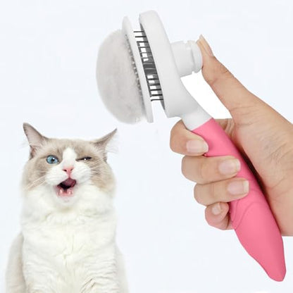 Self Cleaning Slicker Brush - Cat Brush Skin-Friendly Deshedding Grooming Massaging Tool for Long & Short Haired Pets, Cat Hair Brushes Easy Removes Undercoat for Dogs Cats Rabbits-UPGRADED, Pink