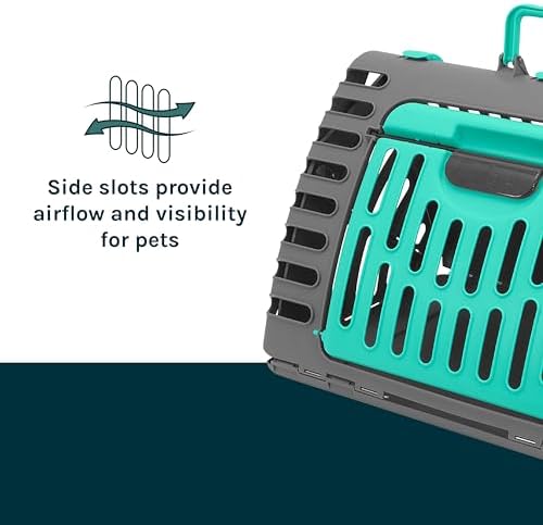 SportPet X-Large Hard-Sided Travel Cat Carrier - Cat Carrier with Patented Wide Side-Opening Door, Foldable Portable Pet Carrier for Cats & Small Pets up to 35lbs - Dark Gray/Teal