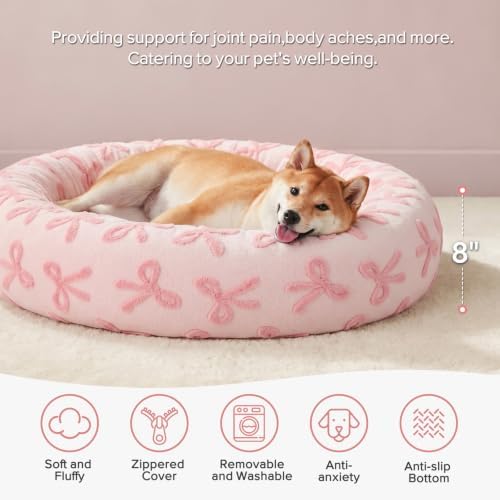 JOEJOY Jacquard Donut Round Dog Beds Medium Sized Dog,Pink 30x30x8in, Removable Washable Cover, Cute Pattern, Ultra Soft Fluffy Calming Pet Bed with Thick Supportive Bolster