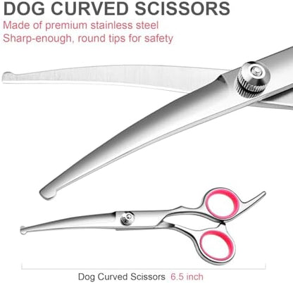 FAIGEO Dog Grooming Scissors Kit, Premium Stainless Steel Dog Shears with Curved Shears+Pink 4 Piece
