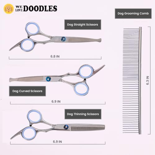 Dog Grooming Scissors Kit with Rounded Blunt Tips, Straight, Curved & Thinning Shears, Tools for Goldendoodles, Poodles & Doodles, Professional Grade Stainless Steel, 4 Pc Set [We Love Doodles]