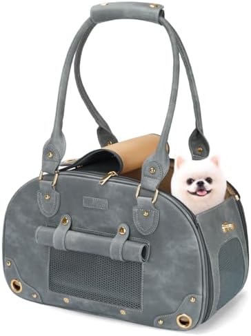 Dog Carrier Purse, Pet Bag Bling Waterproof Premium Leather Pet Travel Portable Bag for Cat and Small Dog Home & Outdoor Small Grey