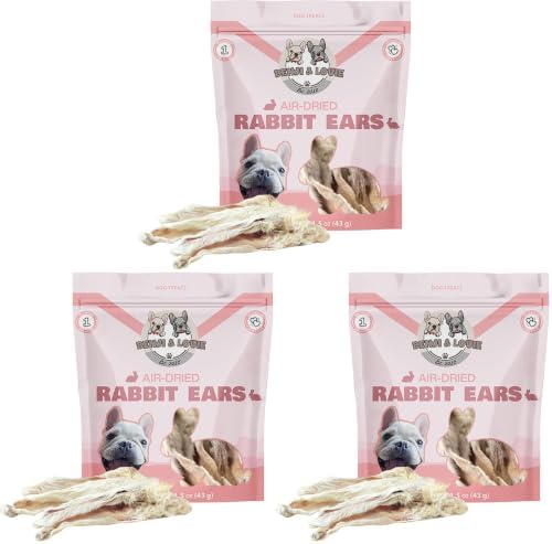 Benji & Louie Air Dried Whole Rabbit Ears with Fur - Natural Healthy Dog Treats or Dog Chews, Single Ingredient, 1.5 oz, 4 to 6 Count (Pack of 3)