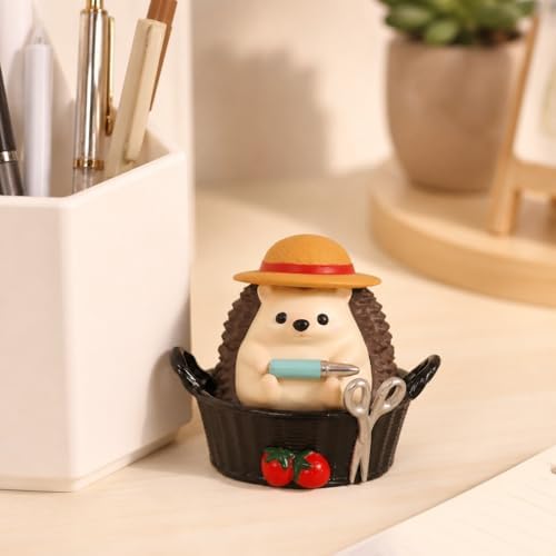 Dark Brown Hedgehog Pen Holder, Cute Resin Basket Desk Decor