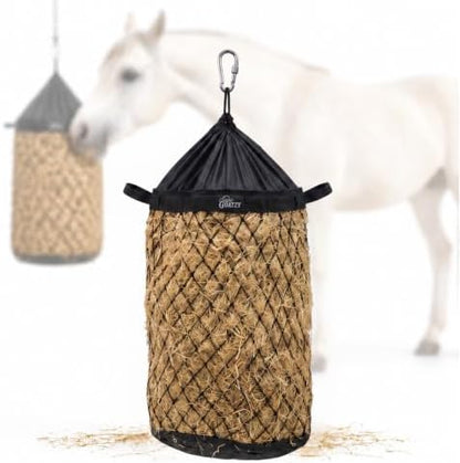 Slow Feed Hay Bag for Horses, Heavy Duty Hay Net for Horses Goats Sheep Donkey, Rigid Quick Fill Collar, 1.7 in Mesh, Waterproof 1000D Armor Bottom, Drain Holes, Stainless Steel Carabiner